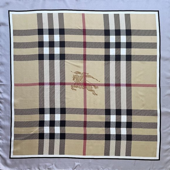 NWT Burberry Scarf Classic Beige Check Pattern Gray Border Silk Wrap - Picture 1 of 15